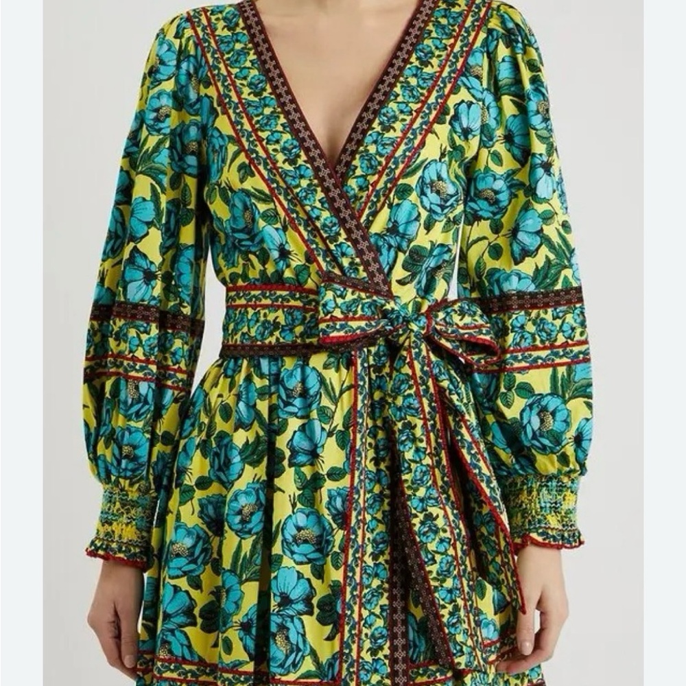 Alice + Olivia Simona Mini Dress Blue and Yellow Floral Long Sleeve